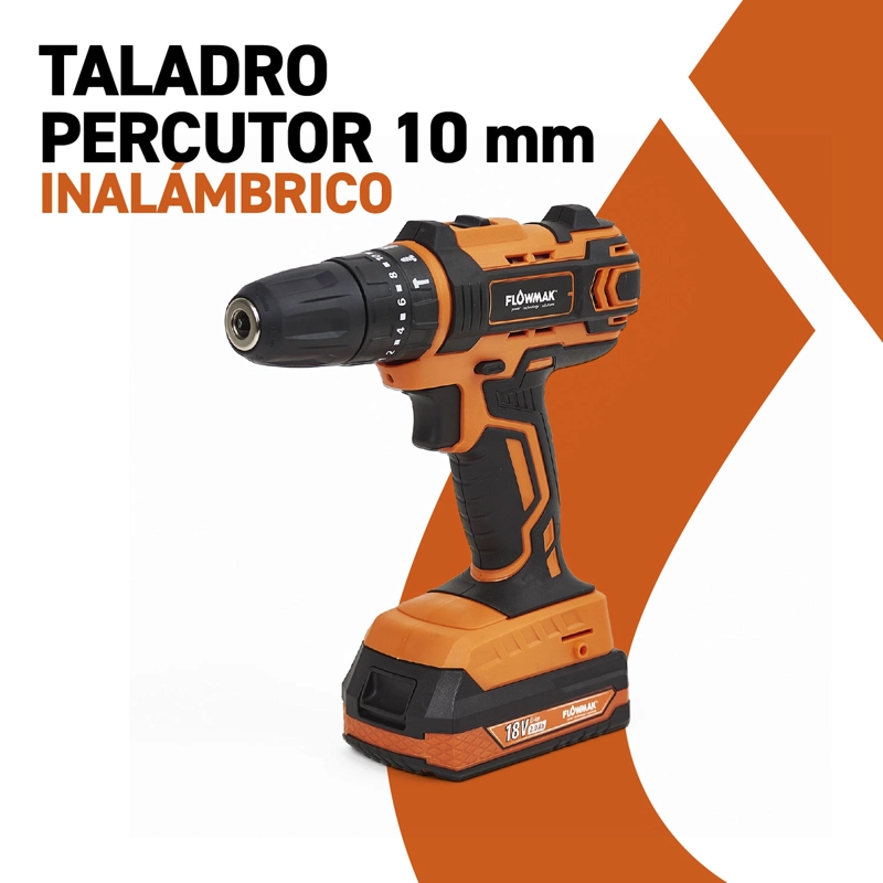 TALADRO PERCUTOR FLOWMAK ATORNILLADOR 10 MM 18 V + ACCESORIOS - 8