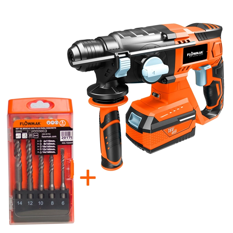 KIT FLOWMAK ROTOMARTILLO INALÁMBRICO Y SET 5 BROCAS - 2