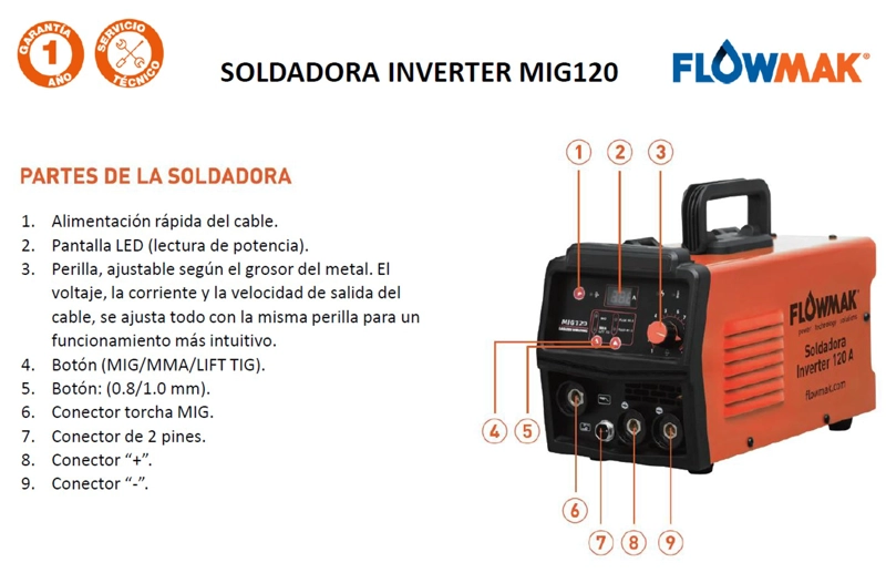 SOLDADORA INVERTER MIG-120  MIG/TIG/MMA 220V FLOWMAK - 5