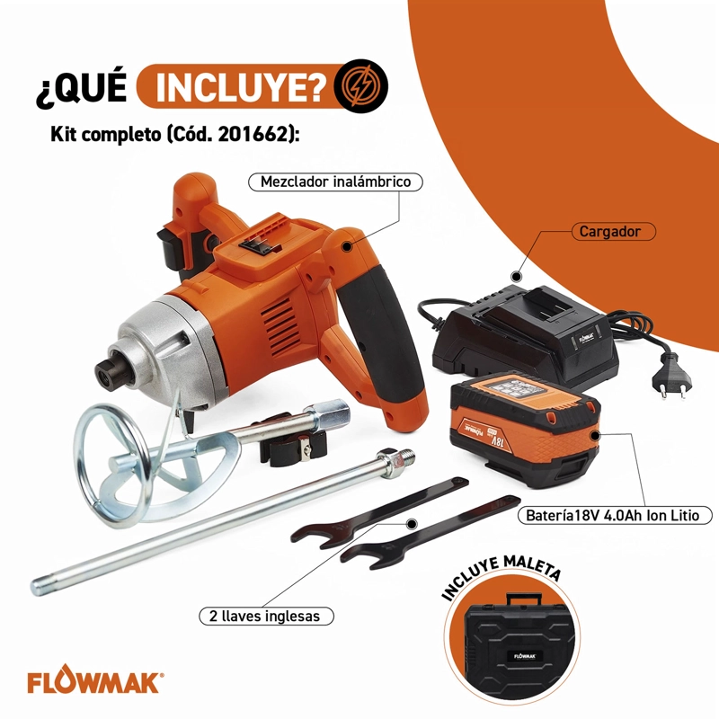 MEZCLADOR PINTURA Y CEMENTO 18V  BATERIA4AH Y CARG FLOWMAK - 3