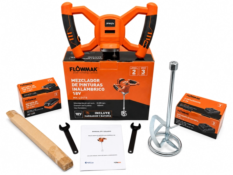 MEZCLADOR PINTURA Y CEMENTO 18V  BATERIA4AH Y CARG FLOWMAK - 6