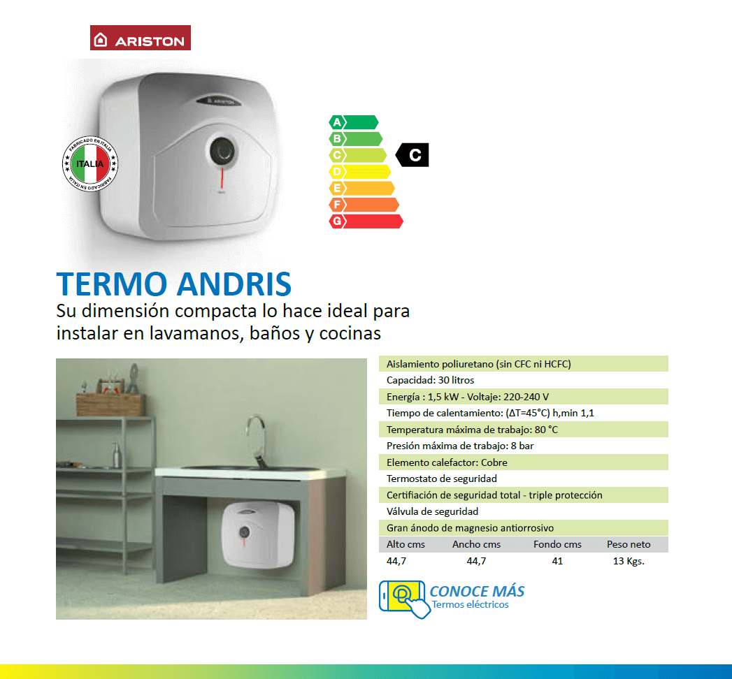 TERMO ELÉCTRICO PRIMATERM 30L ANDRIS ITALIANO 1.5KW 80°C ARISTON - 9