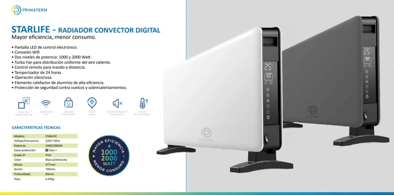 CALEFACTOR PRIMATERM CONVECTOR WIFI DIGITAL STARLIFE 1000-2000W ANTRACITA - 10