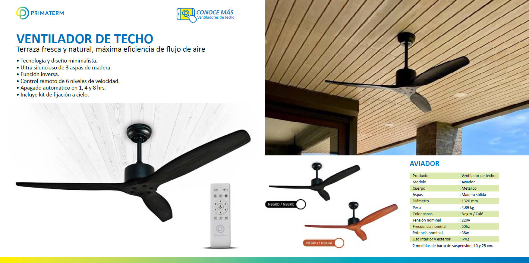 VENTILADOR DE TECHO AVIADOR NOGAL AJUSTABLE 52” PRIMATERM - 10