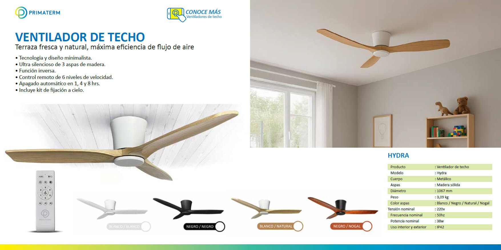 VENTILADOR DE TECHO HYDRA NOGAL 42” PRIMATERM - 7