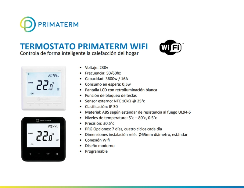 TERMOSTATO INTELIGENTE PROGRAMABLE 3600W WIFI BLANCO PRIMATERM - 5