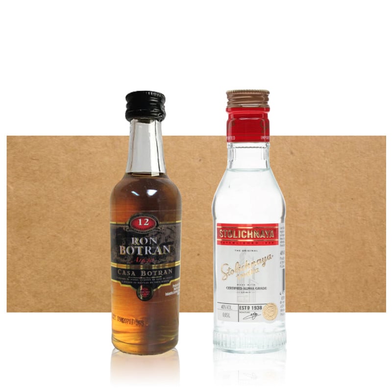 LICOR BBVINOS BOTELLA VIDRIO 2 UN MIX MINIATURA BOTRAN AÑEJO & STOLICHNAYA - 1