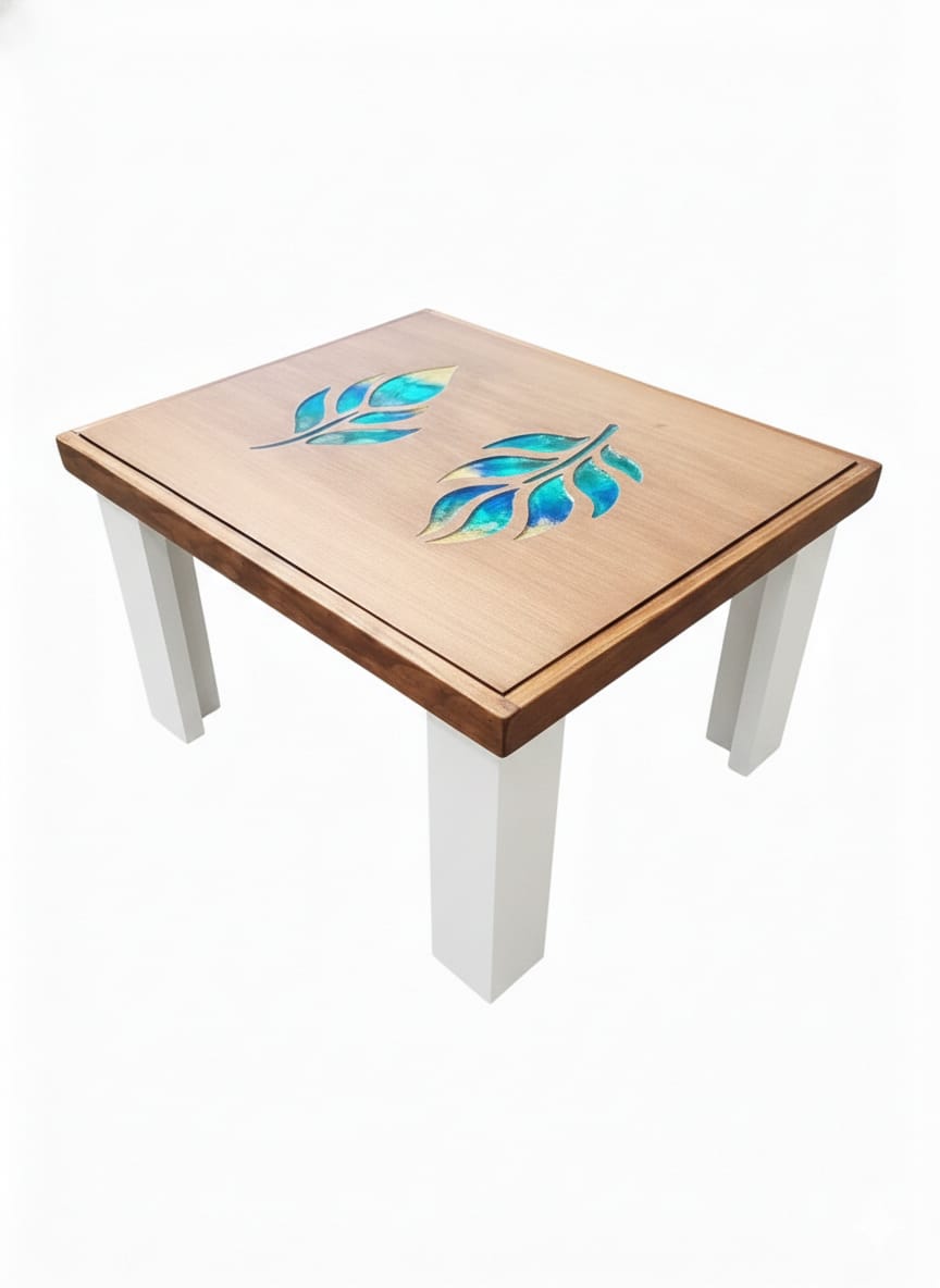 MESA DE CENTRO CAFE -BLANCA CON RESINA DECORATIVA - 2