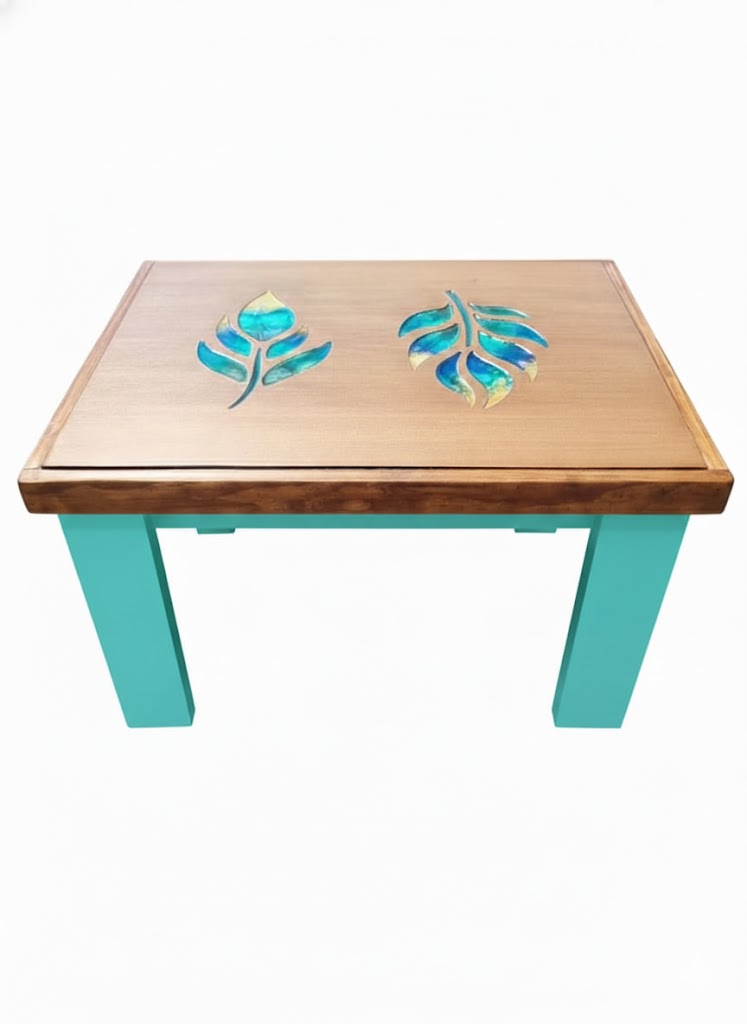 MESA DE CENTRO CAFE -TURQUESA CON RESINA DECORATIVA - 1
