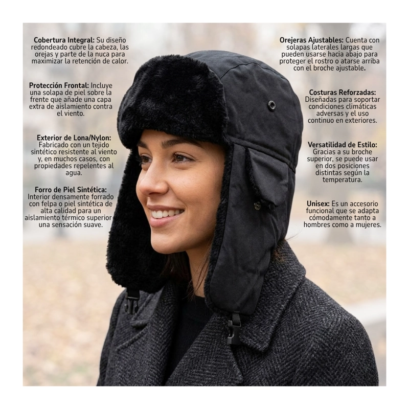 GORRO RUSO UNISEX CÁLIDO DE LONA INVIERNO MODO AVIADOR - 5