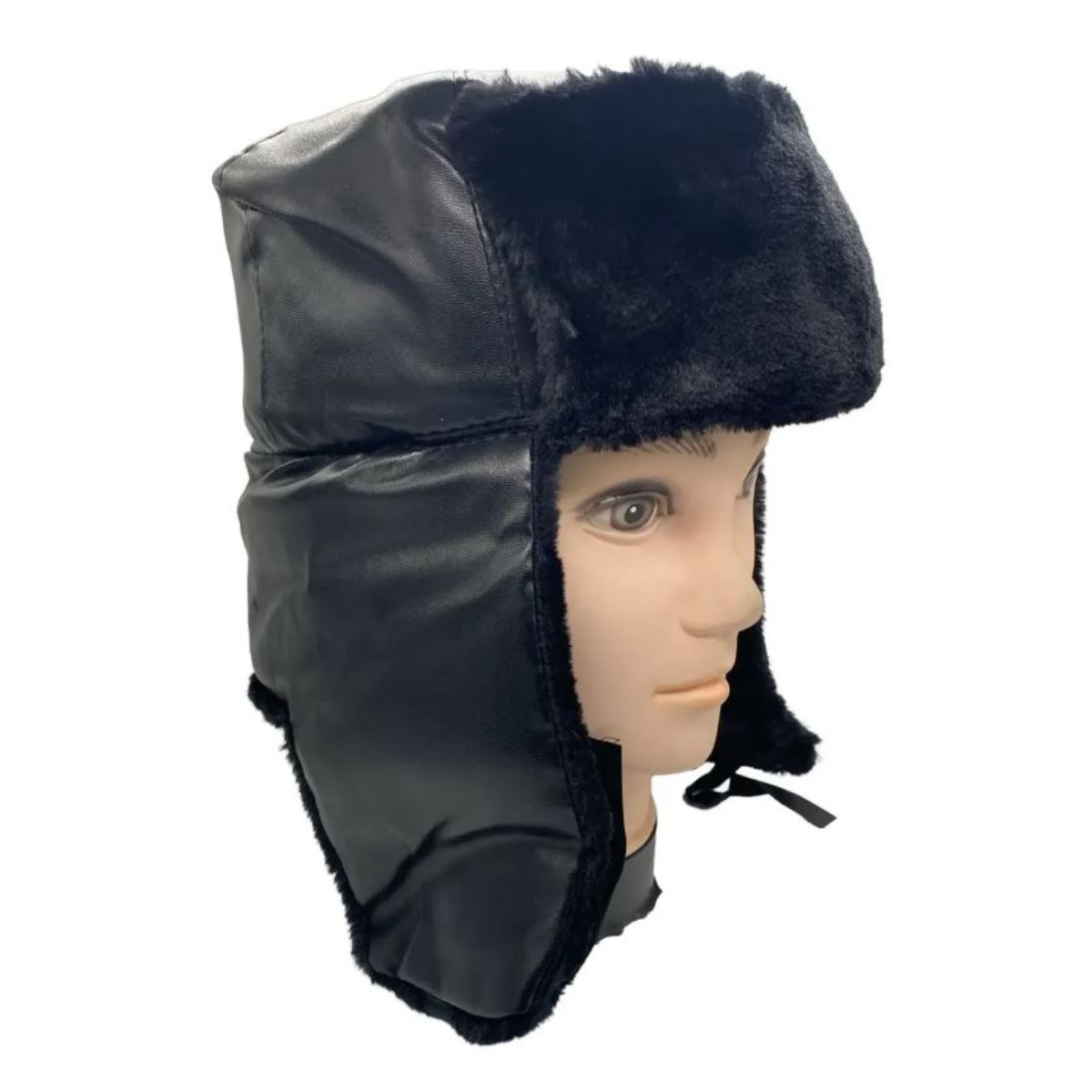GORRO DE INVIERNO TIPO USHANKA RUSO EN CUERO NEGRO Y PIEL SINTÉTICA - 2
