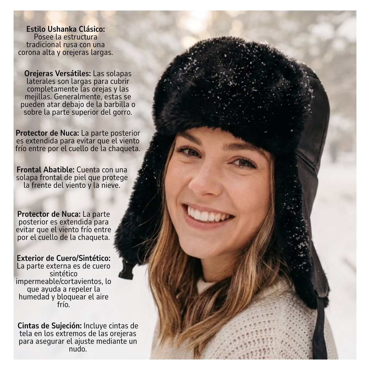 GORRO DE INVIERNO TIPO USHANKA RUSO EN CUERO NEGRO Y PIEL SINTÉTICA - 7