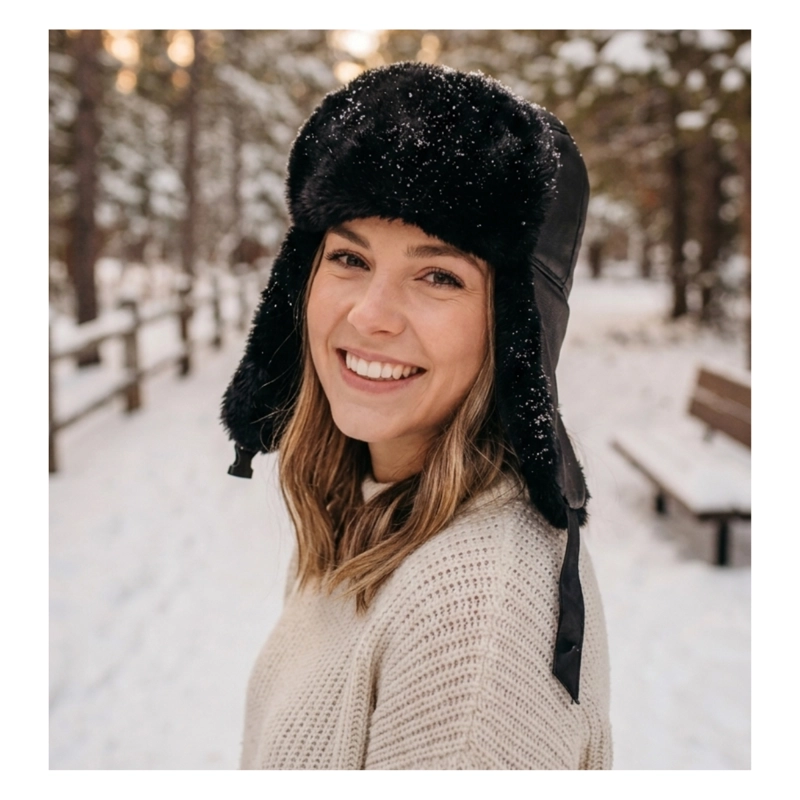 GORRO DE INVIERNO TIPO USHANKA RUSO EN CUERO NEGRO Y PIEL SINTÉTICA - 8