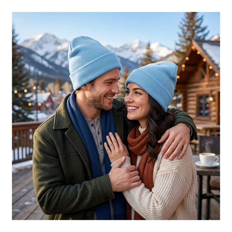 GORRO TENDENCIA BEANIE LANA ADULTO CON DOBLEZ AZUL OTOÑO INVIERNO - 1