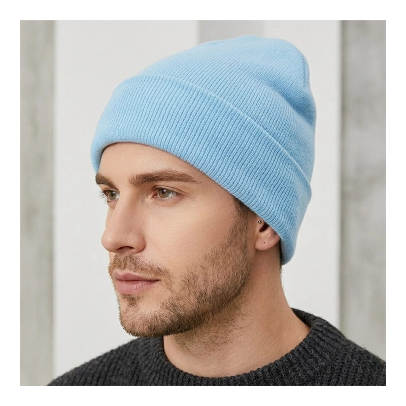 GORRO TENDENCIA BEANIE LANA ADULTO CON DOBLEZ AZUL OTOÑO INVIERNO - 6