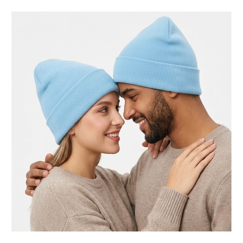 GORRO TENDENCIA BEANIE LANA ADULTO CON DOBLEZ AZUL OTOÑO INVIERNO - 7
