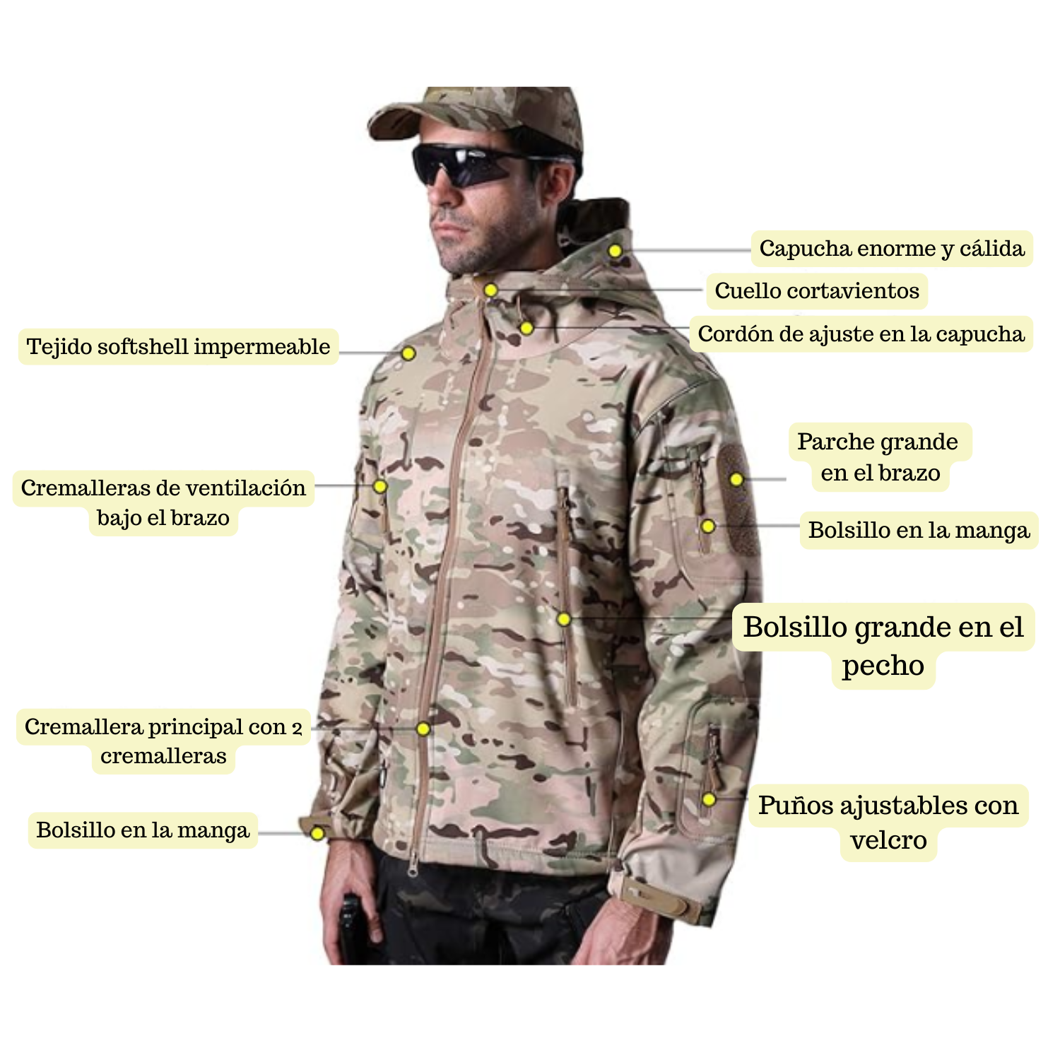 CHAQUETA SOFTSHELL TACTICA MILITAR CON CAPUCHA IMPERMEABLE - 3