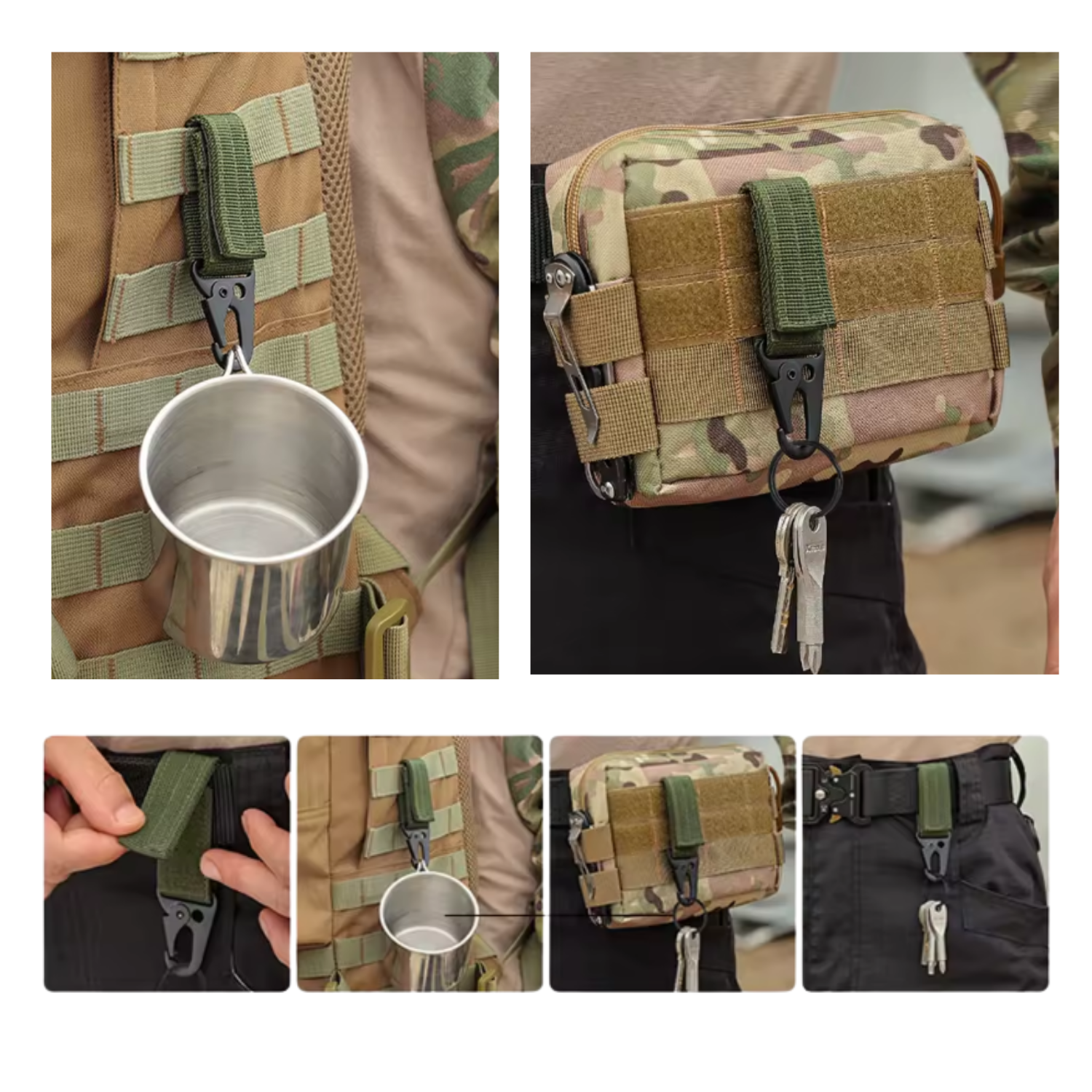LLAVERO MOSQUETON TÁCTICO MILITAR SIST MOLLE VELCRO VERDE MILITAR - 2