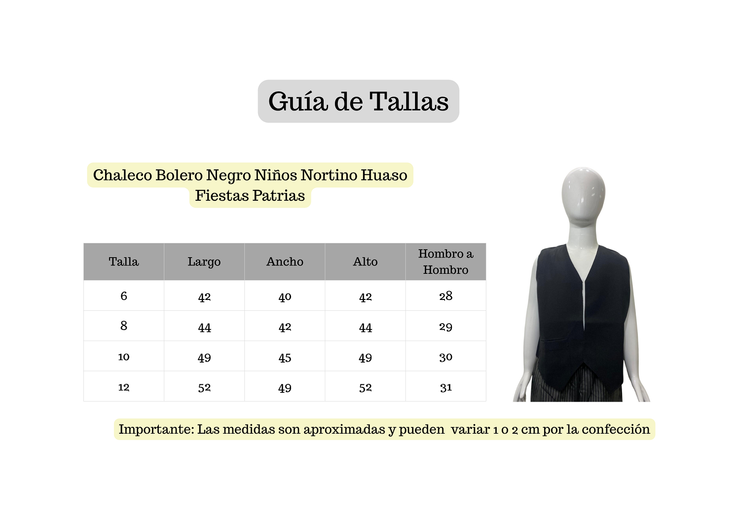 CHALECO BOLERO NEGRO NIÑOS NORTINO HUASO FIESTAS PATRIAS - 4