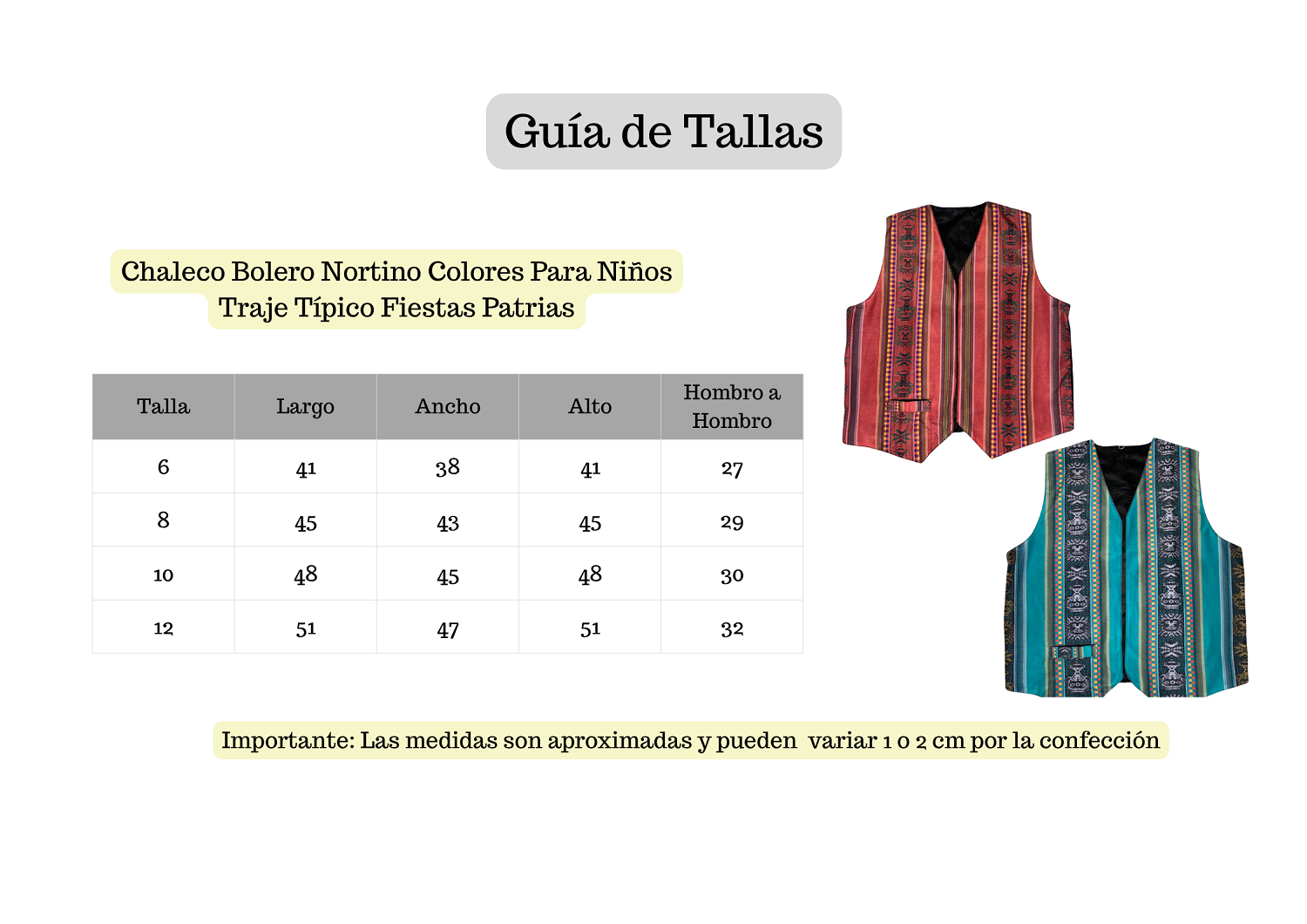 CHALECO BOLERO NORTINO COLORES PARA NIÑOS TRAJE TIPICO FIESTAS PATRIAS - 5