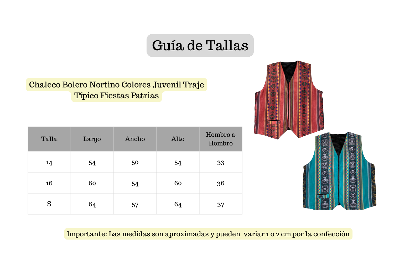 CHALECO BOLERO NORTINO COLORES JUVENIL TRAJE TIPICO FIESTAS PATRIAS - 4