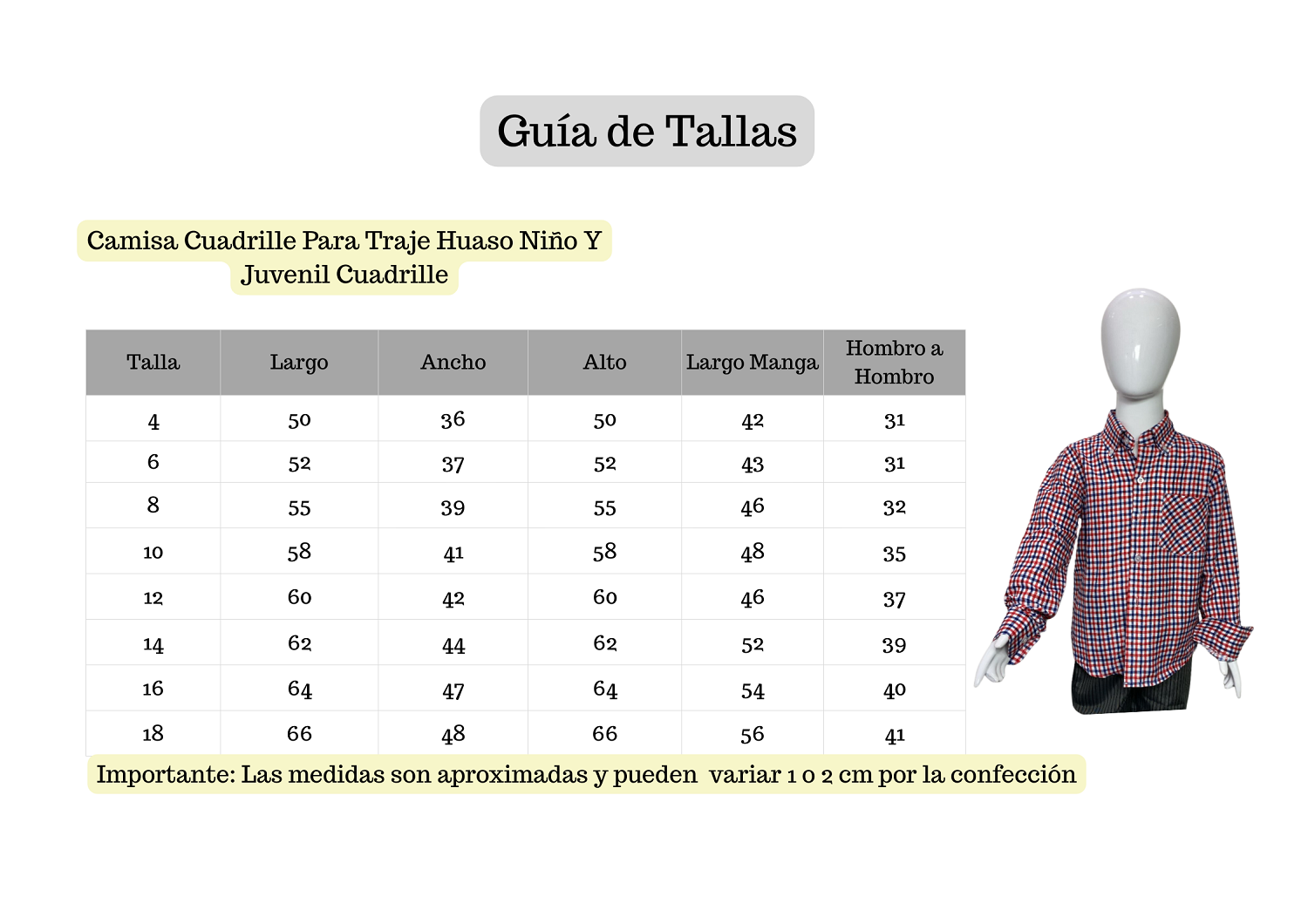 CAMISA CUADRILLE PARA TRAJE HUASO NIÑO Y JUVENIL CUADRILLE TRICOLOR - 4