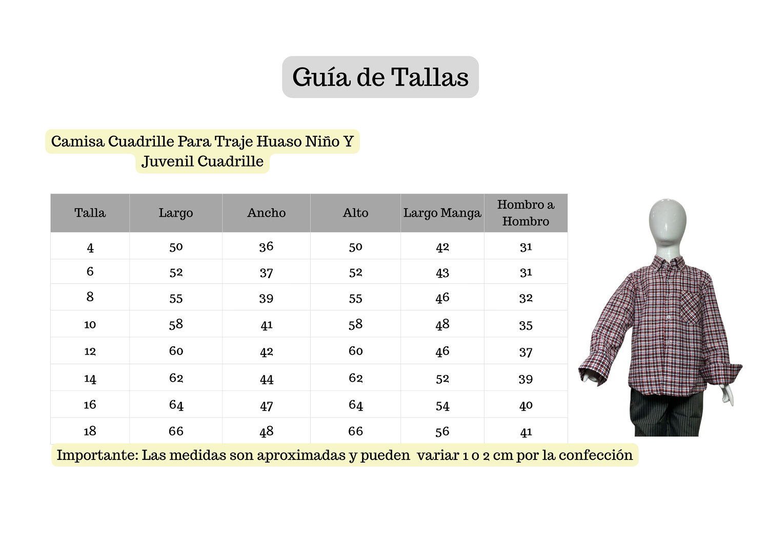 CAMISA CUADRILLE TRAJE HUASO NIÑO Y JUVENIL ROJO BLANCO NEGRO - 5