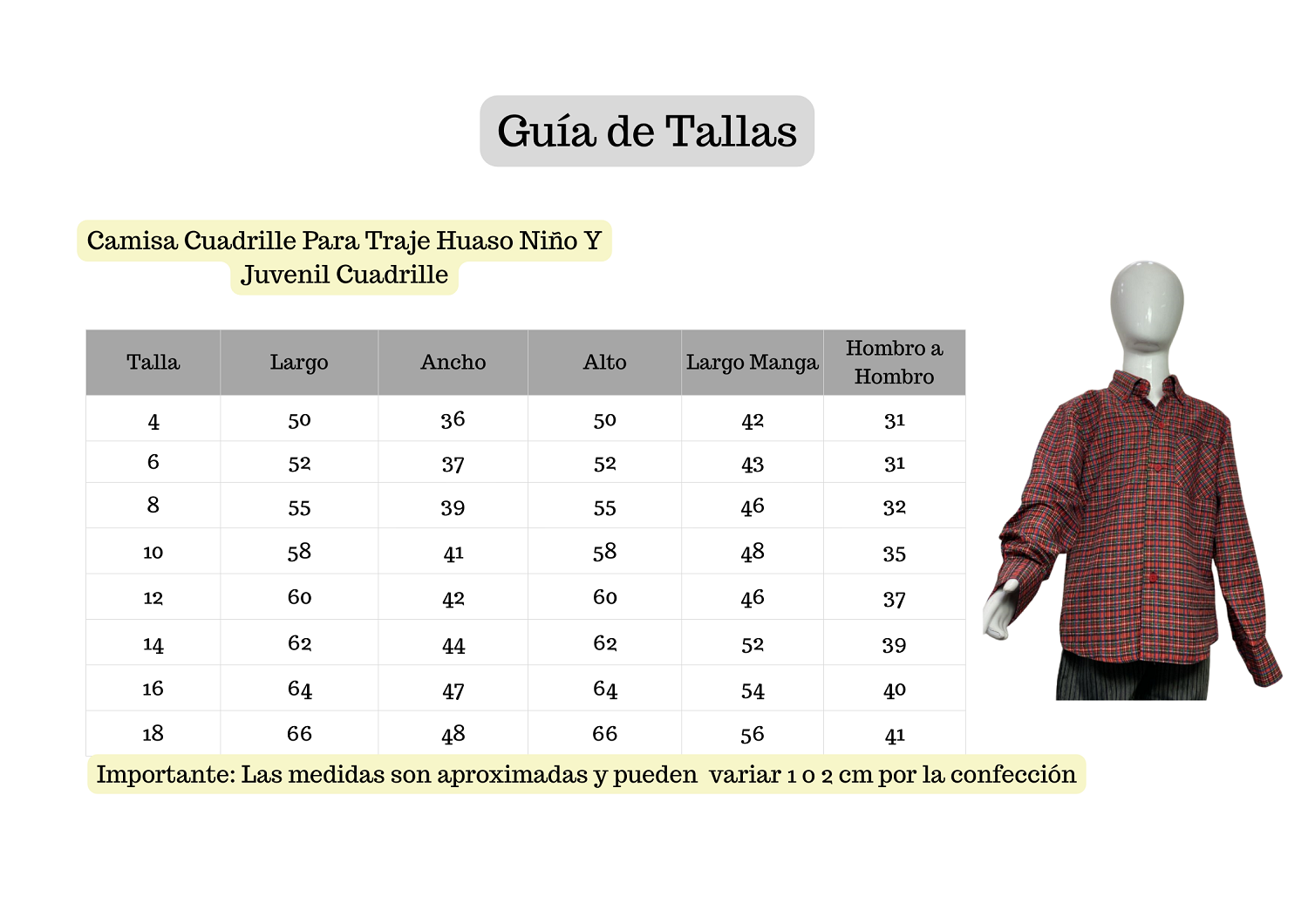 CAMISA CUADRILLE PARA TRAJE HUASO NIÑO Y JUVENIL ROJO NEGRO - 5