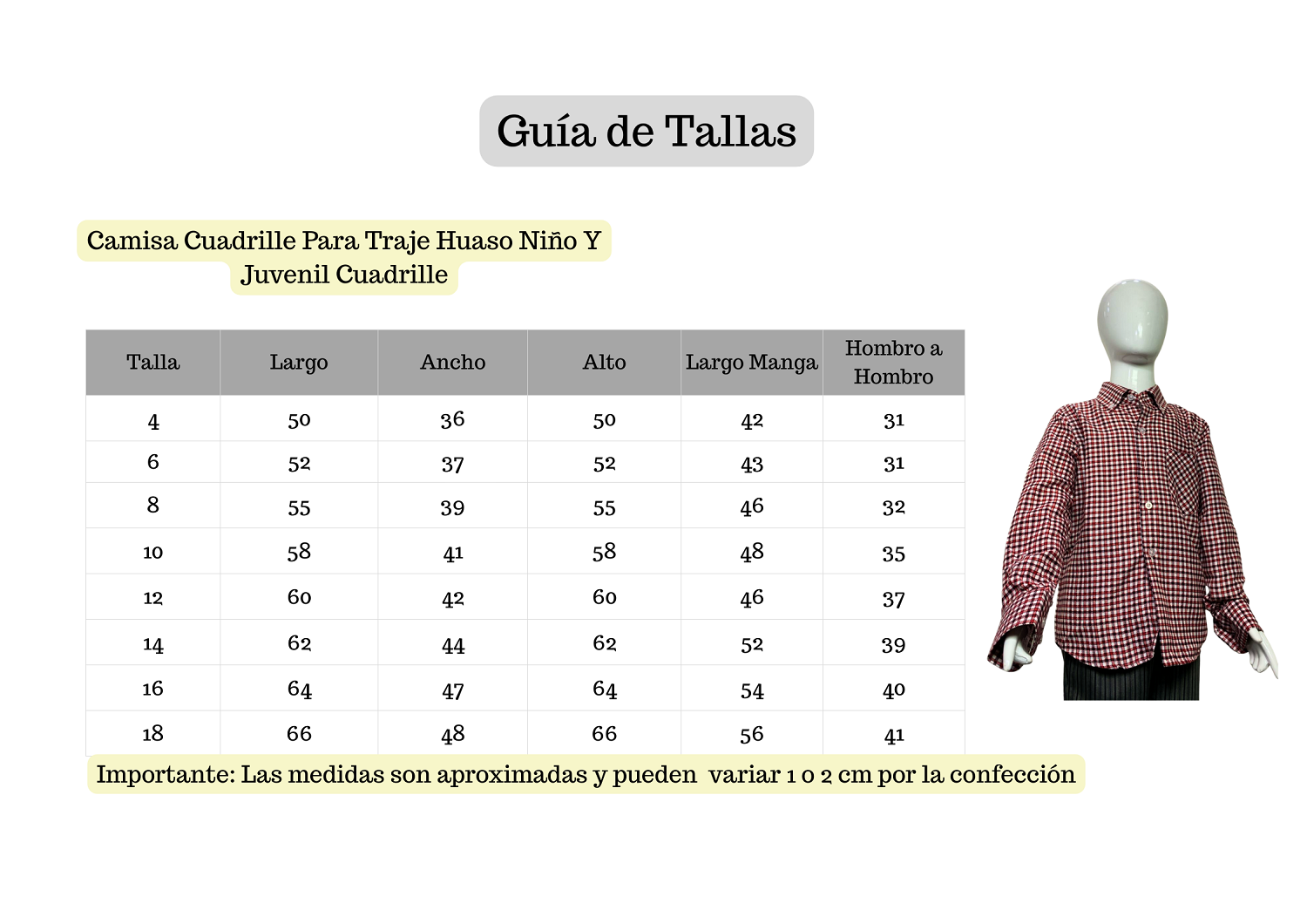 CAMISA CUADRILLE PARA TRAJE HUASO NIÑO Y JUVENIL BLANCO ROJO - 5
