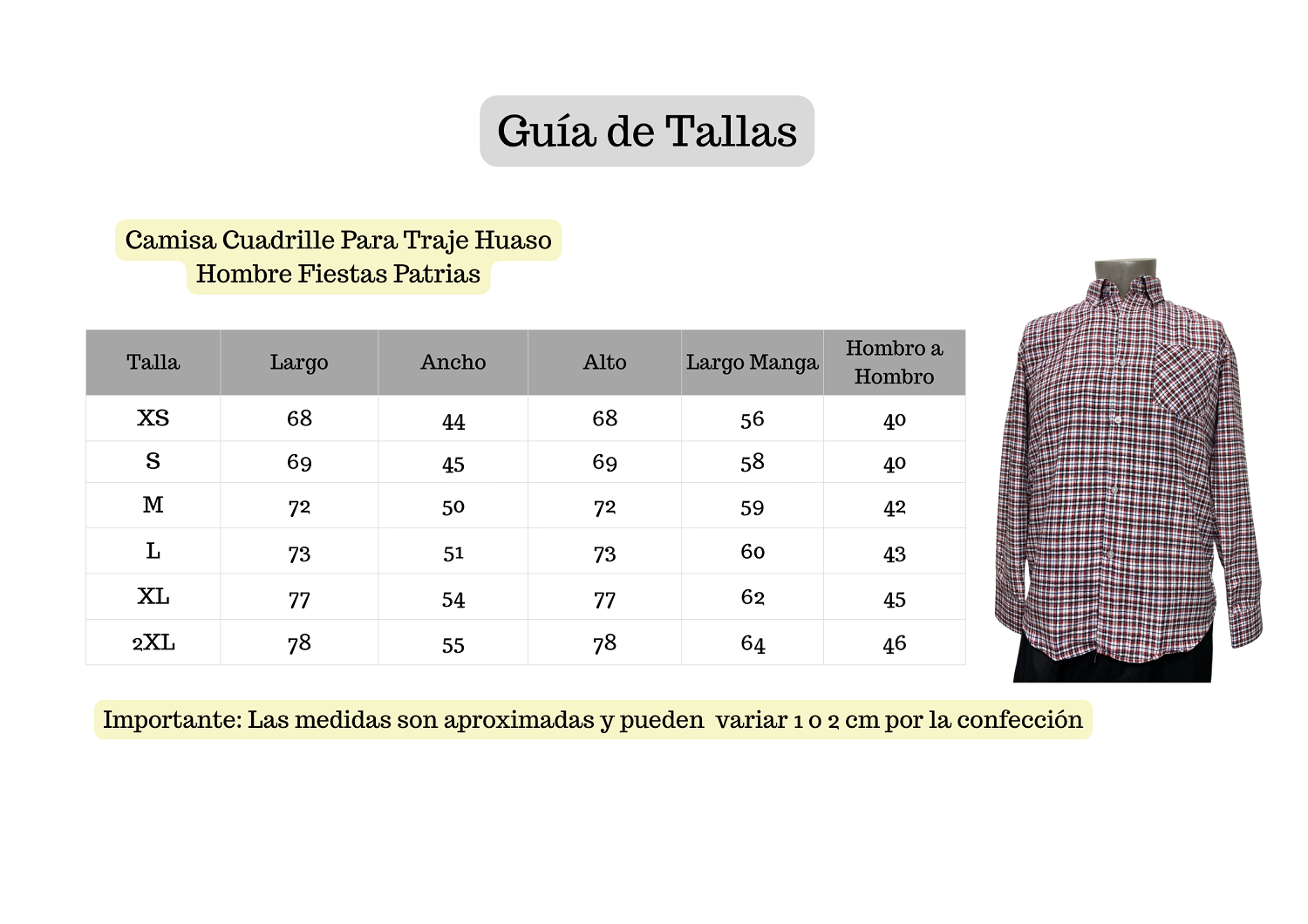 CAMISA CUADRILLE TRAJE HUASO HOMBRE FIESTAS PATRIAS ROJO BLANCO NEGRO - 4