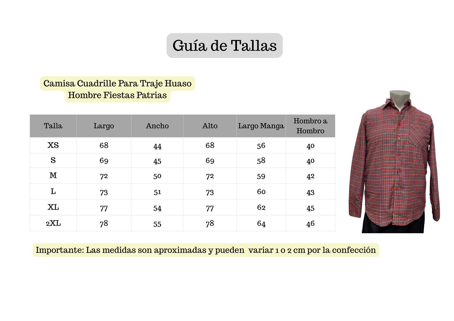 CAMISA CUADRILLE PARA TRAJE HUASO HOMBRE FIESTAS PATRIAS ROJO NEGRO - 5