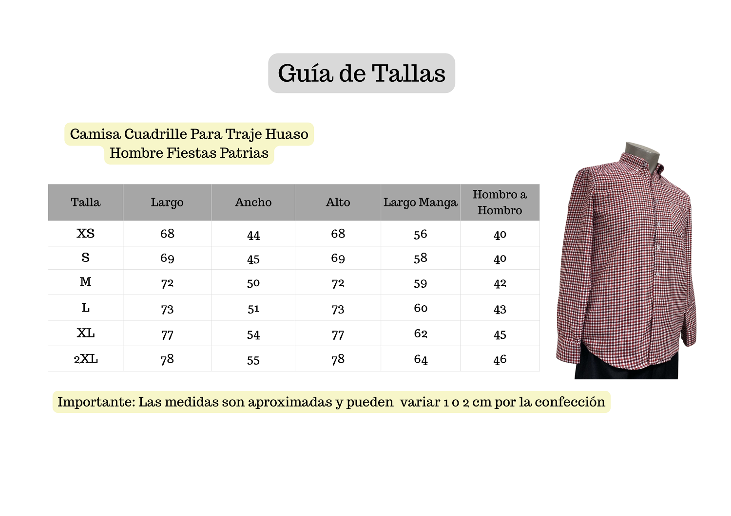 CAMISA CUADRILLE PARA TRAJE HUASO HOMBRE FIESTAS PATRIAS BLANCO ROJO - 5