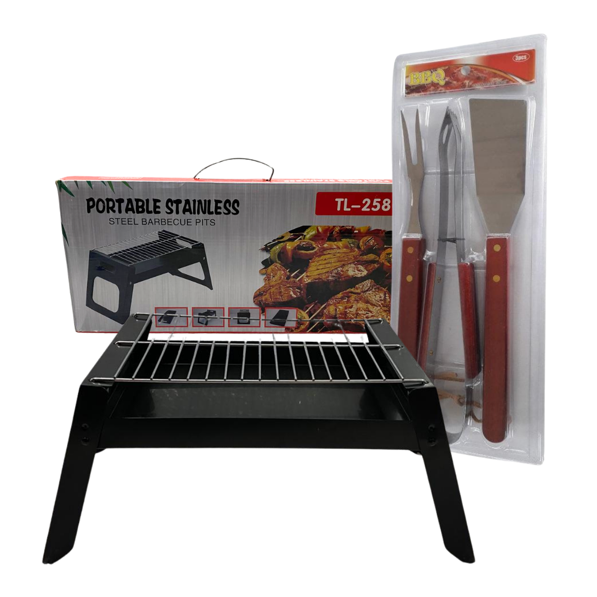 PARRILLA PORTABLE STAINLESS AL AIRE LIBRE + SET DE UTENSILIOS (OBSEQUIO) - 1