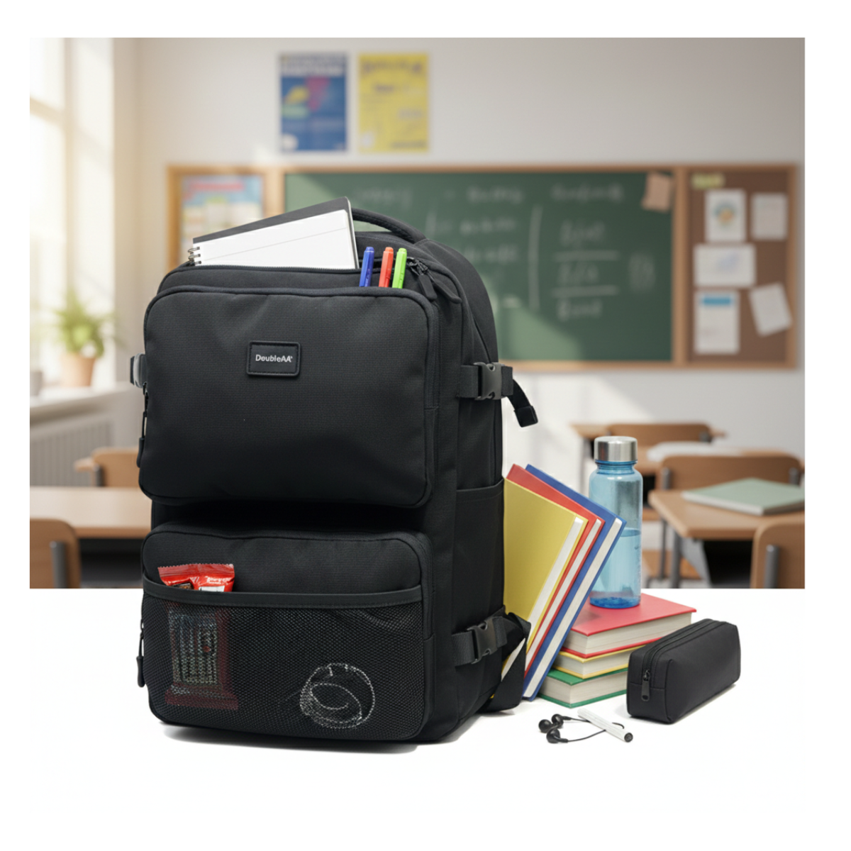 MOCHILA ESCOLAR REFORZADA NEGRA AZUL GRAN CAPACIDAD Y MULTIBOLSILLOS INCLUYE PUERTO USB - CABLE - 1