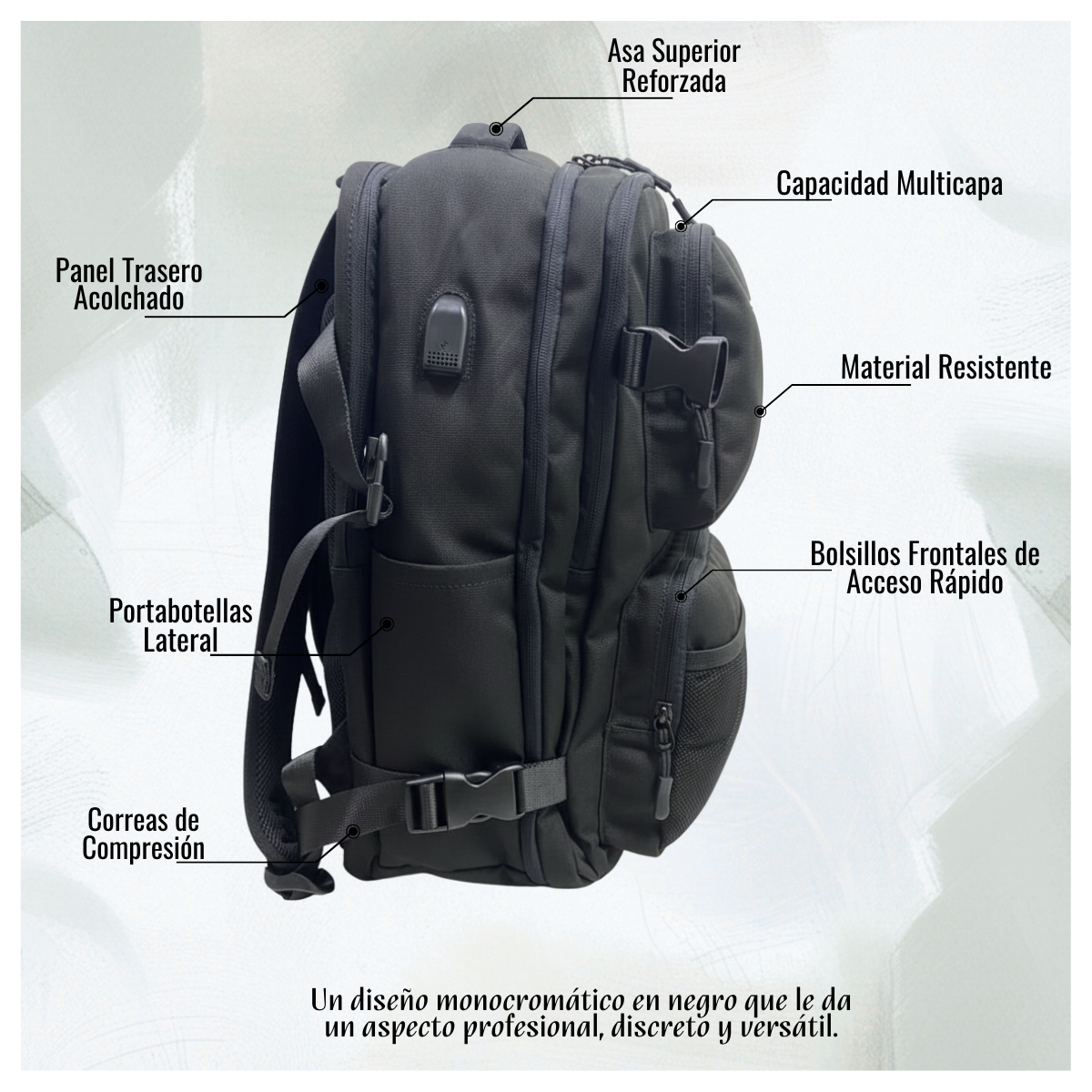 MOCHILA ESCOLAR REFORZADA NEGRA AZUL GRAN CAPACIDAD Y MULTIBOLSILLOS INCLUYE PUERTO USB - CABLE - 3