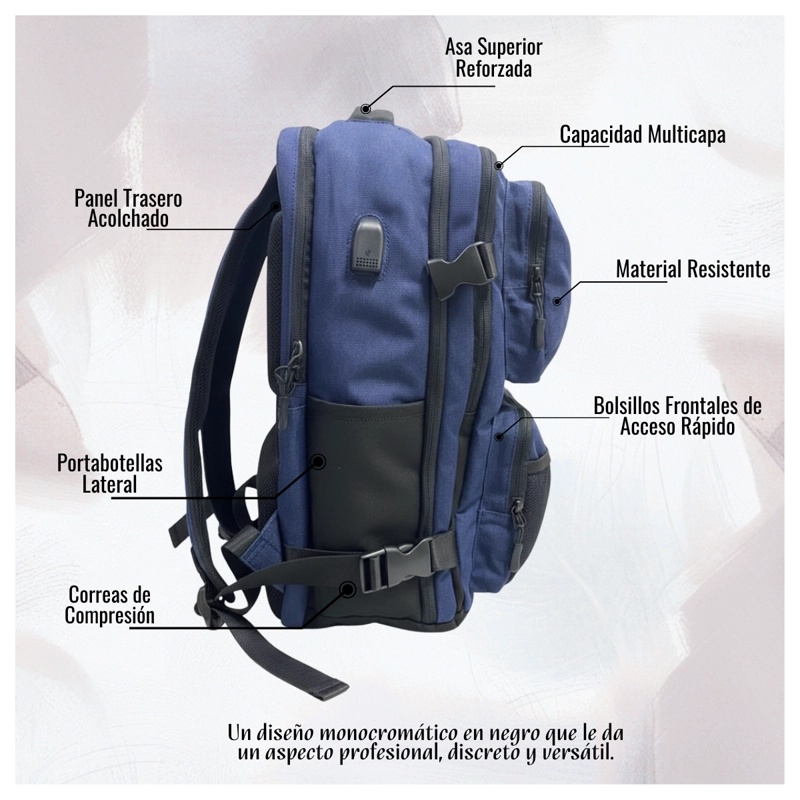 MOCHILA ESCOLAR REFORZADA NEGRA AZUL GRAN CAPACIDAD Y MULTIBOLSILLOS INCLUYE PUERTO USB - CABLE - 4
