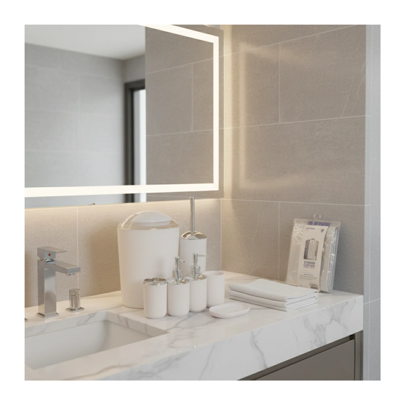 JUEGO ACCESORIOS SET DE BAÑO 6 PIEZAS CEPILLO WC BLANCO + CORTINA DE OBSEQUIO - 1