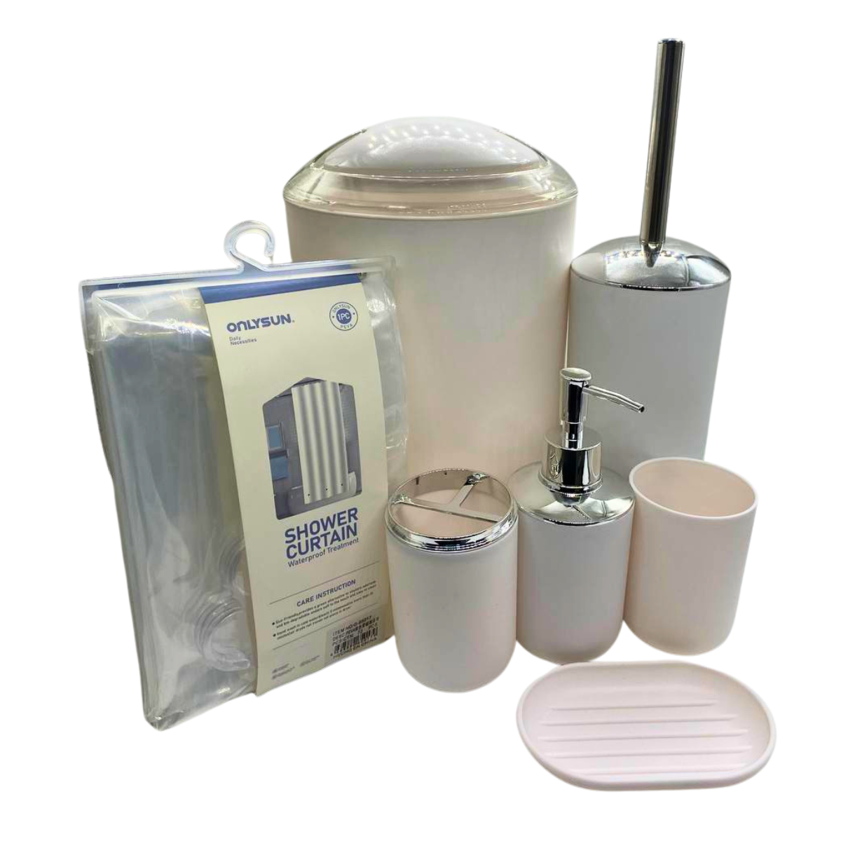 JUEGO ACCESORIOS SET DE BAÑO 6 PIEZAS CEPILLO WC BLANCO + CORTINA DE OBSEQUIO - 3