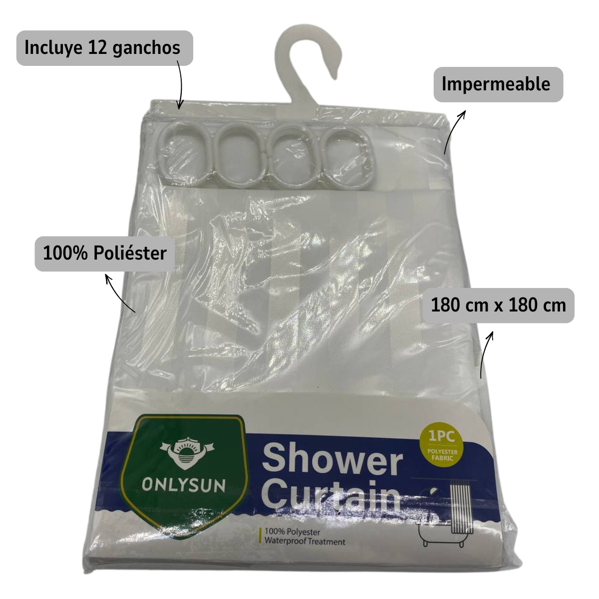 CORTINA DE DUCHA BLANCA 100% POLIE STER CON TRATAMIENTO IMPERMEABLE - INCLUYE GANCHOS - 3