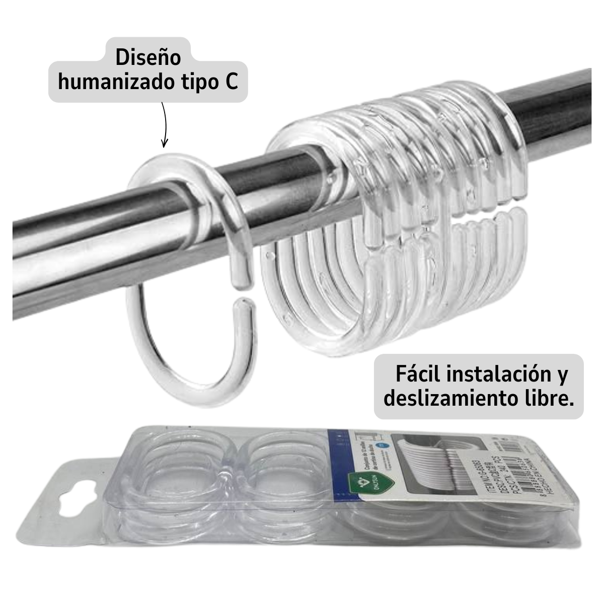 SET DE 12 GANCHOS PARA CORTINA DE BAÑO TRANSPARENTE - 4