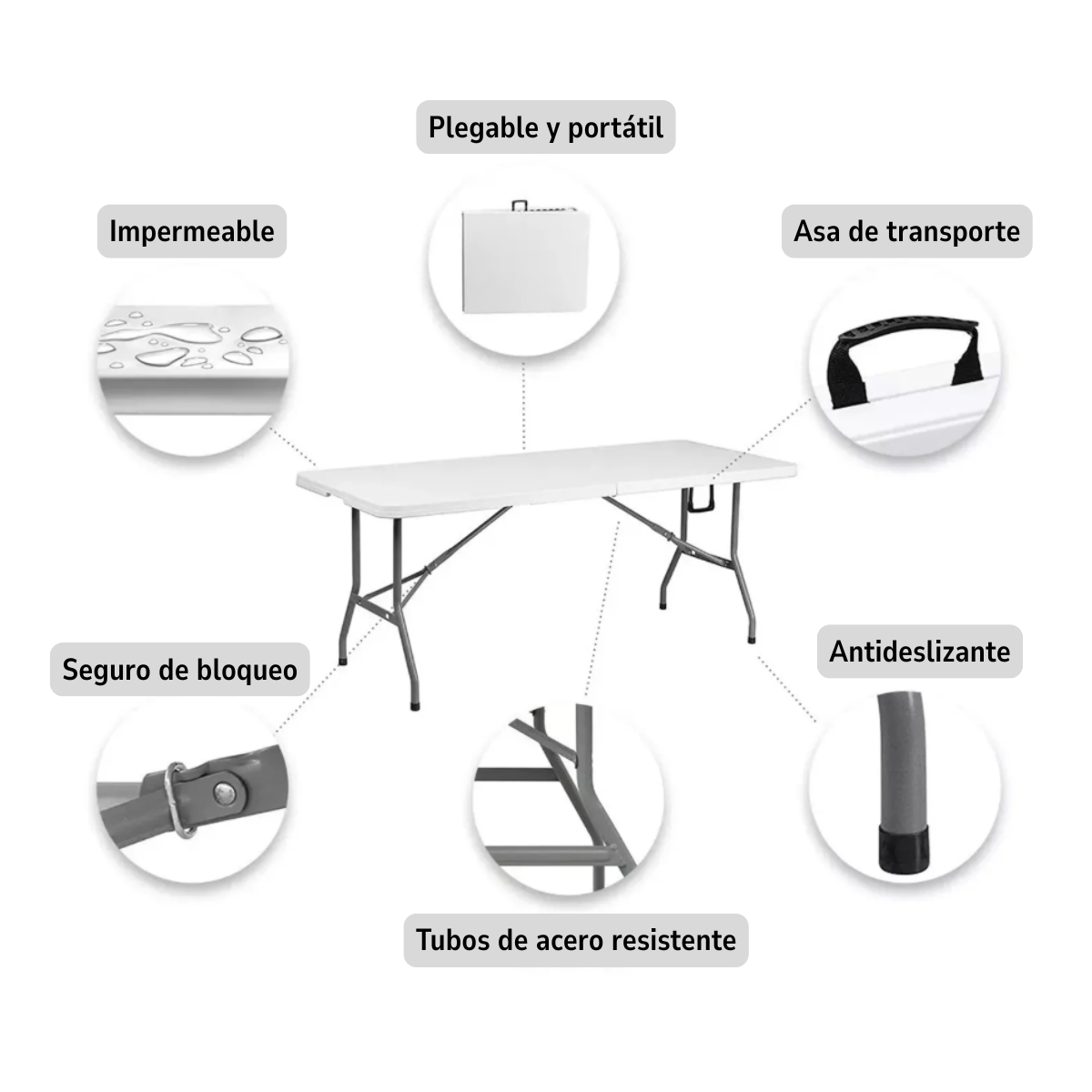 MESA PLEGABLE 1.8 MTS TIPO MALETA PORTATIL CAMPING JARDIN BLANCO - 6