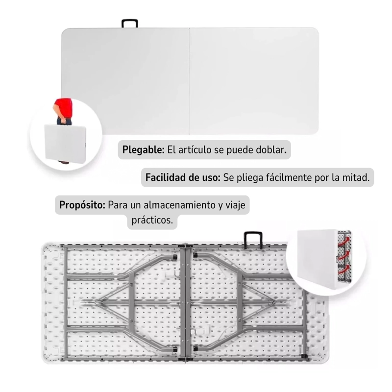 MESA PLEGABLE 1.8 MTS TIPO MALETA PORTATIL CAMPING JARDIN BLANCO - 7