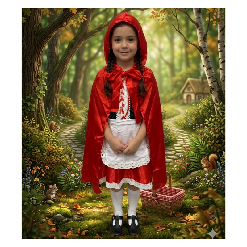 TRAJE DE CAPERUCITA ROJA CON ENCAJE Y CAPA ROJA BRILLANTE - 1