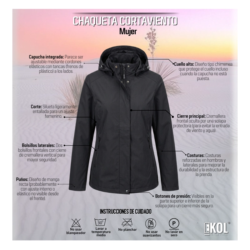 CHAQUETA CORTAVIENTO MUJER CON CAPUCHA AJUSTABLE Y CUELLO ALTO - 6