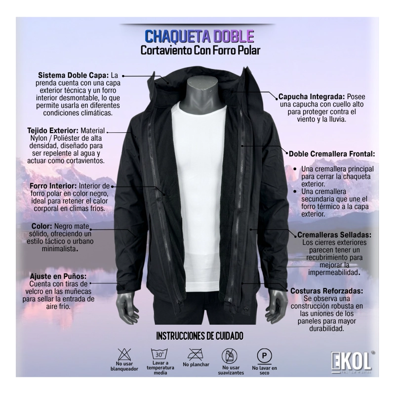 CHAQUETA DOBLE CORTAVIENTO CON FORRO POLAR NEGRA TÉRMICA - 8