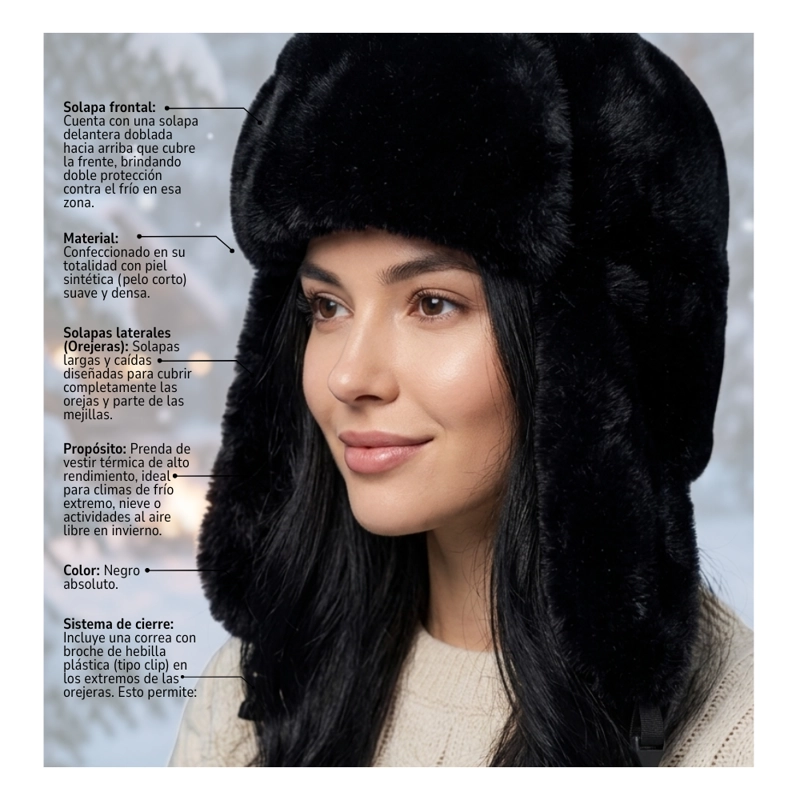 GORRO RUSO USHANKA CON OREJERAS PELUDO TERMICO INVIERNO MUJER - 5