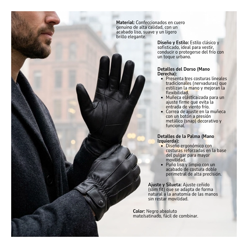 GUANTES DE CUERO CON AJUSTE DE BOTON Y ELASTICO CLASICOS ELEGANTES PARA HOMBRE INVIERNO - 5
