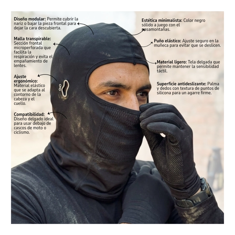SET ANTIVIENTO MOTO BALACLAVA CON ORIFICIO AURICULAR Y GUANTES - 6