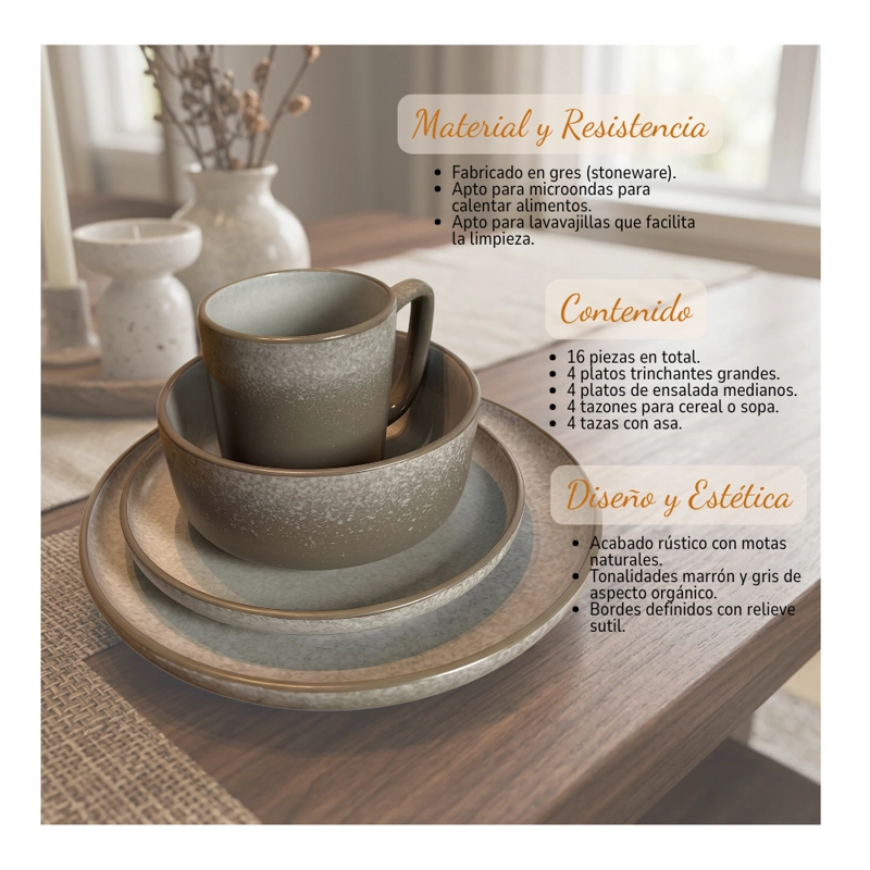 SET DE VAJILLA COMPLETO 16 PIEZAS STONEWARE DISEÑO ORGANICO - 4