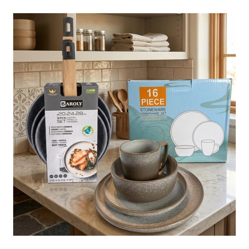 KIT COMPLETO HOGAR: VAJILLA DE LOZA 16 PIEZAS + JUEGO 3 SARTENES ANTIADHERENTES - 1